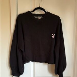 Playboy x Misguided Black Crew Neck Ballon Sleeve Sweater Embroidered Bunny Logo